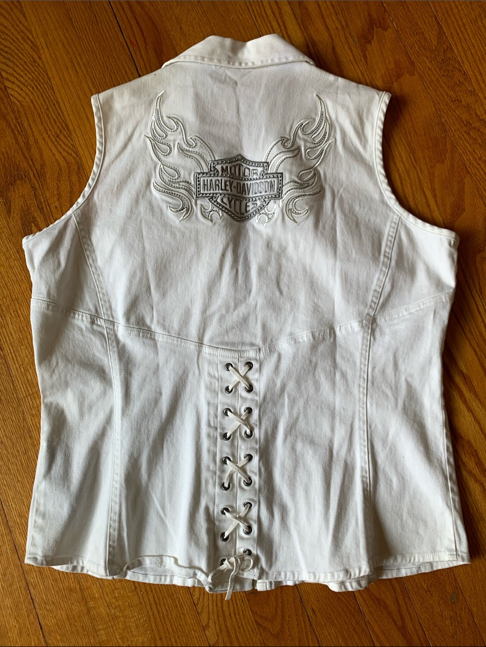 VINTAGE Harley-Davidson White Denim Lace-Up Corset Vest Size XL